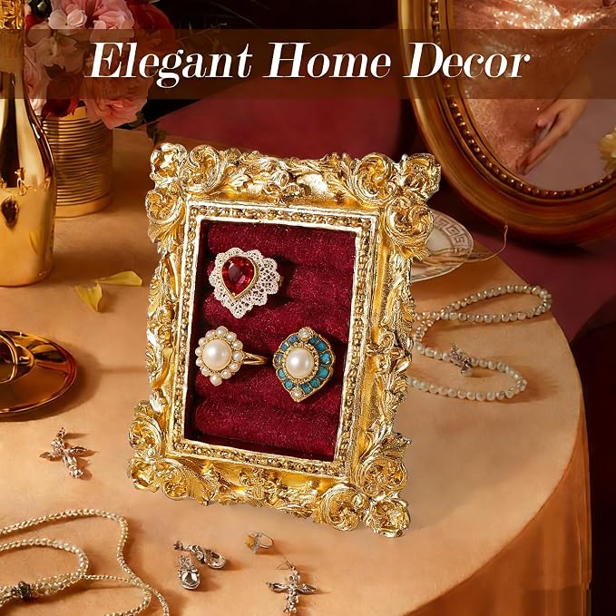 Vintage Ring Holder Rectangle Gold Velvet Display Stand - Baroque Jewelry Organizer Box Tray for Wedding Engagement Anniversary Women Birthday Christmas Gift Photograph Prop (MPF05-Gold Red) - Image 2