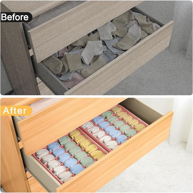 Joyoldelf Sock Organizer Drawer Organizer - Underwear Organizer, 24 Cell Collapsible Closet Organizers and Storage Sock Holders Organizers for Storing Socks, Ties, Belts 6 Pack Pink - Image 7