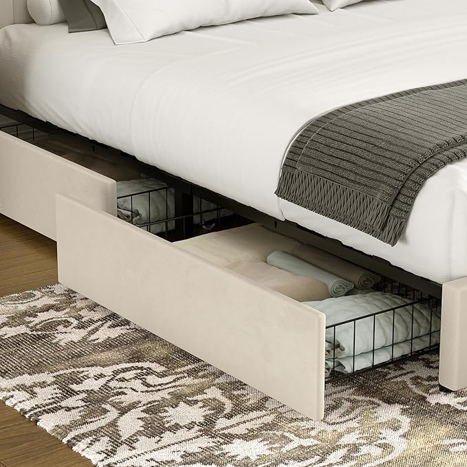 VECELO Queen Size Upholstered Bed Frame with 4 Drawers and Headboard, Velvet Platform Storage Bedframe, Wooden Slats Support, No Box Spring Needed, Beige