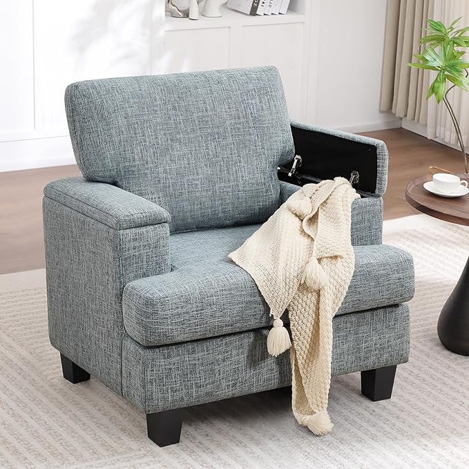 Oversized Accent Chair with Armrest Storage, Modern Upholstered Reading Living Room Chairs, Comfy Large Armchair, Fabric Single Sofa Chair for Bedroom (Bluish Grey)