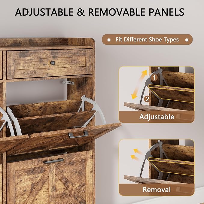 Shoe Cabinet with 4 Flip Drawers & 2 Top Drawers, 43" Tall Freestanding Narrow Wooden Shoe Storage Organizer for Entryway, Hidden Slim Shoe Rack for Front Door Entrance, Hallway, Living Room, Brown - Image 3