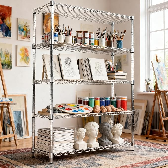 M MZG 1750LBS 47.2" W 5 Tiers Shelf Steel Storage Shelves Metal Shelving Unit Steel Organizer Wire Rack for Home,Kitchen,Office,Garage Chrome 17.7" D x 47.2" W x 72.4" H - Image 7