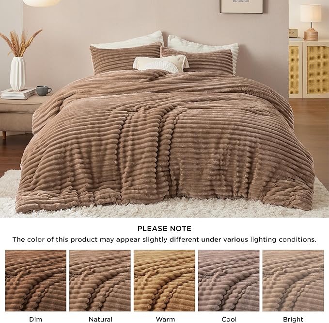 Bedsure King Comforter - GentleSoft™ 3 Pieces Double-Side Fleece Fluffy Warm Taupe Comforter Set, Cozy Striped Room Decor Aesthetic, Luxury King Size Bedding with 2 Pillowcases, 104x90 Inches