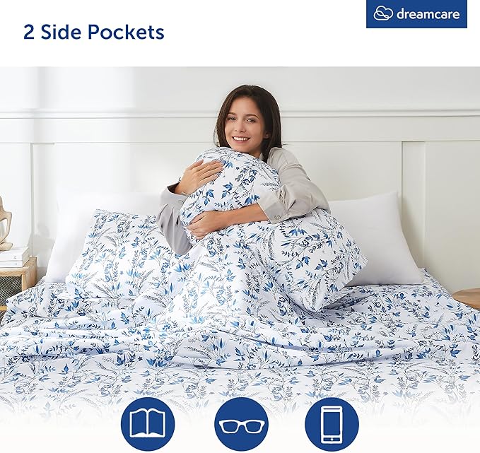 DREAMCARE King Size Floral Sheets - 4pc King Bed Set - Cooling & Soft Long Lasting - Floral Blue