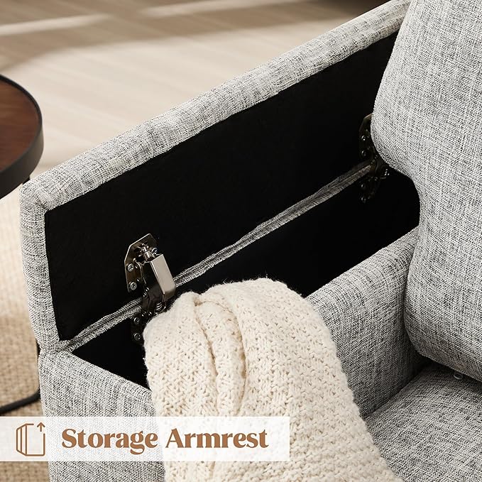 Accent Chairs Set of 2 with Armrest Storage, Upholstered Reading Living Room Chairs, Modern Comfy Large Armchairs, Fabric Single Sofa Chair for Bedroom (Light Grey)