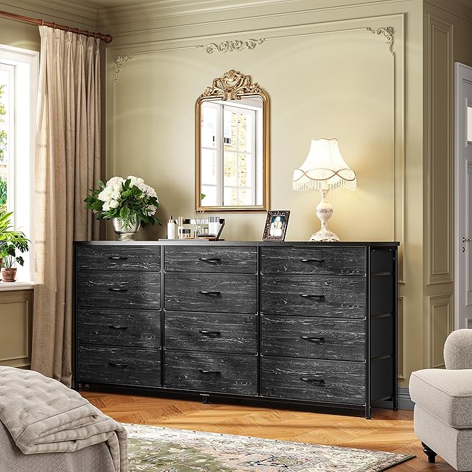 Romorgniz 55" Long Dresser for Bedroom with 12 Fabric Drawers, Entertainment Center for 60 inch TV Dressers & Chests of Drawers Large Organizer, Living Room, Metal Frame, Wood Top, Black