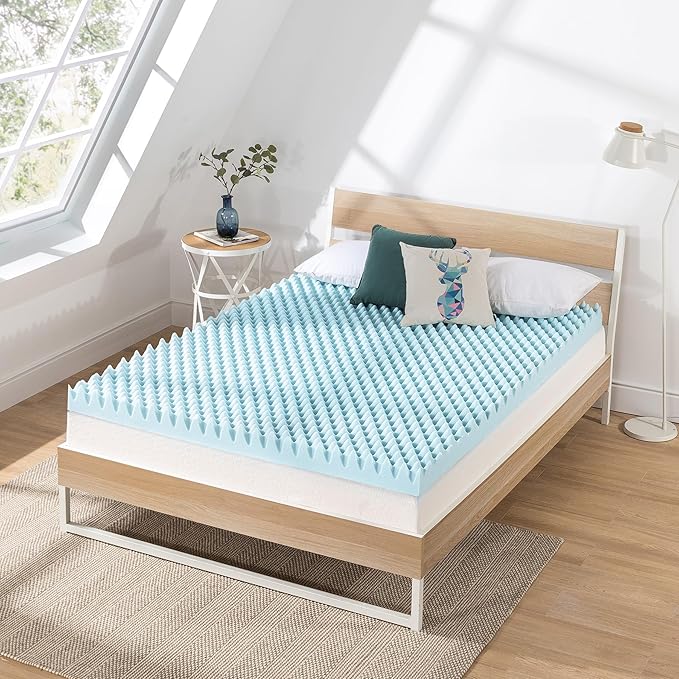 Best Price Mattress 4 Inch Egg Crate Memory Foam Mattress Topper with Cooling Gel Infusion, CertiPUR-US Certified, King, Dorm Essentials, Light Blue