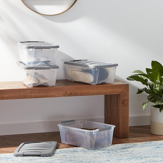Amazon Basics Plastic Storage Containers with Secure Latching Lids, Stackable Organization Bins for Organizing, Clear/Grey, 12 Quart, Set of 6 - Image 2