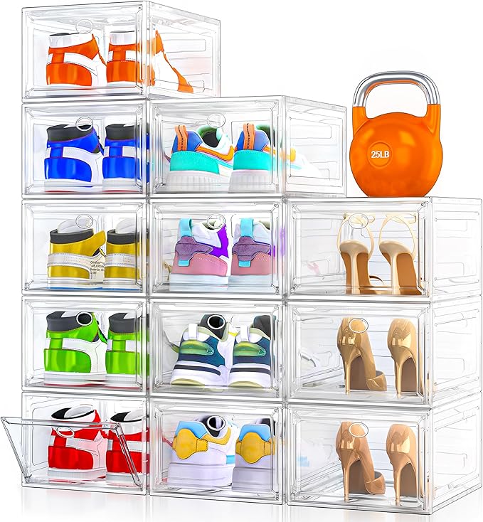 12 Pack Clear Shoe Storage Organizer with Magnetic Door,Stackable Plastic Shoe Boxes for Sneakers,Boots,and Heels,Space-Saving Foldable Shoe Rack for Closet,Durable Shoe Cabinet Organizer,White by 7+code