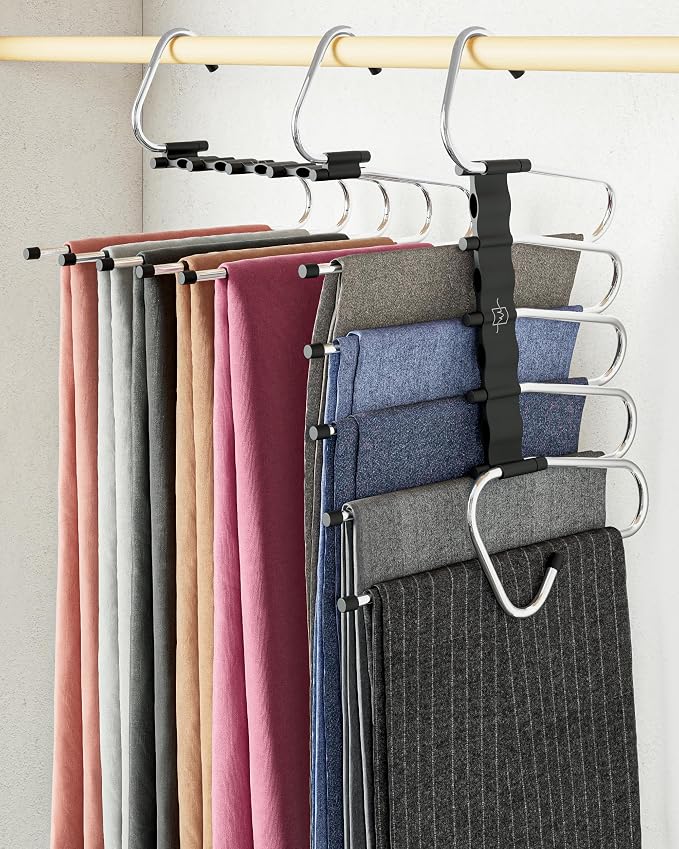 MORALVE Pants Hangers Space Saving - 4 Pack - Non-Slip Multi-Layer Space Saving Hangers - Multifunctional Clothing Rack for Closet Storage - Ideal for Jeans, Trousers, Skirts, Scarves & Slacks (Black) by MORALVE