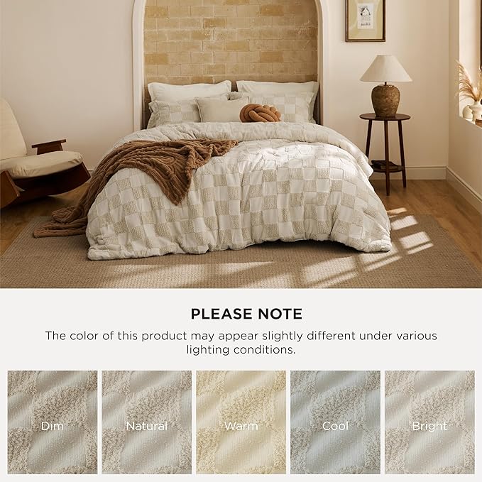 Bedsure Full Size Comforter Set Beige, Boho Tufted Bed Set, Checkered Farmhouse Shabby Chic Bedding, 3 Pieces, 1 Plaid Geometric Comforter and 2 Pillow Shams