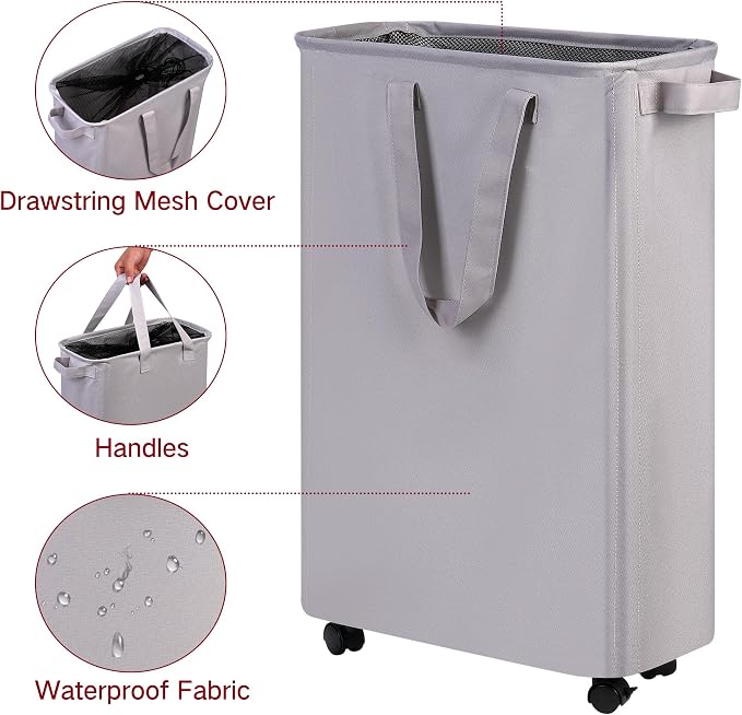 efluky Slim Laundry Hamper with Wheels, Rolling Laundry Basket for Clothes, Small Laundry Basket for Bedroom, Dorm and Laundry Room, 60L (12.7 Gallons) Grey - Image 3