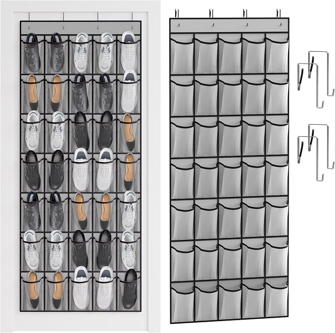 WVM Over the Door Shoe Organizer with 35 Breathable Mesh Pockets, Hanging Shoe Organizer for Door with 4 Metal Hooks, Large Capacity Closet Storage for Shoes, Accessories, Grey - Image 8
