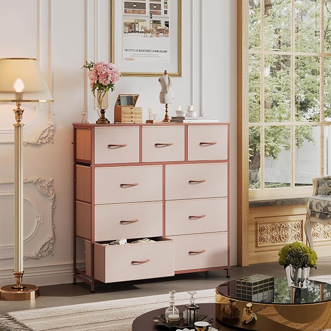 WLIVE 9-Drawer Dresser, Fabric Storage Tower for Bedroom, Hallway, Entryway, Closet, Tall Chest Organizer Unit with Fabric Bins, Steel Frame, Wood Top, Easy Pull Handle, Pink - Image 2