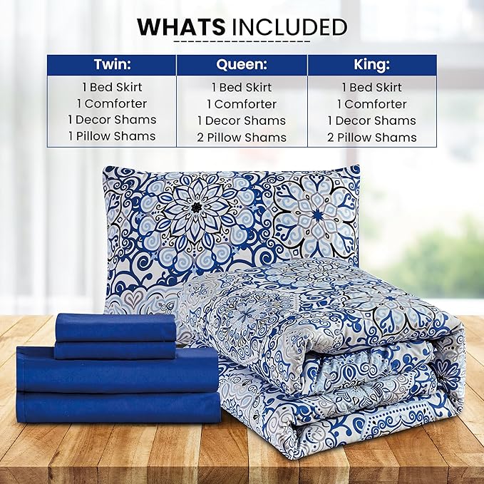 LUX Décor Reversible 4pc Twin Comforter Set, Printed Bedding Set, Microfiber Bed in a Bag, Includes 1 Comforter, 1 Pillow Sham, 1 Decor Pillow & 1 Bed Skirt (Aztec Blue,Twin)