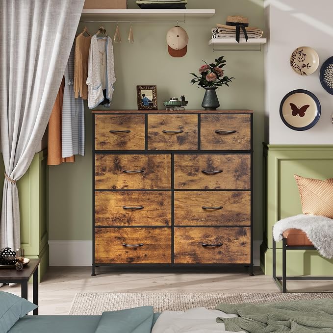 WLIVE 9-Drawer Dresser, Fabric Storage Tower for Bedroom, Hallway, Entryway, Closet, Tall Chest Organizer Unit with Fabric Bins, Steel Frame, Wood Top, Easy Pull Handle, Rustic Brown Wood Grain Print - Image 4