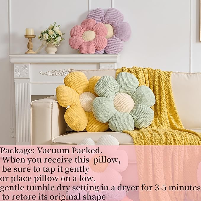 Flower Pillow, Cute Daisy Pillow Off White Throw Pillow Cushion 15.75" Home Decorative for Couch Bed