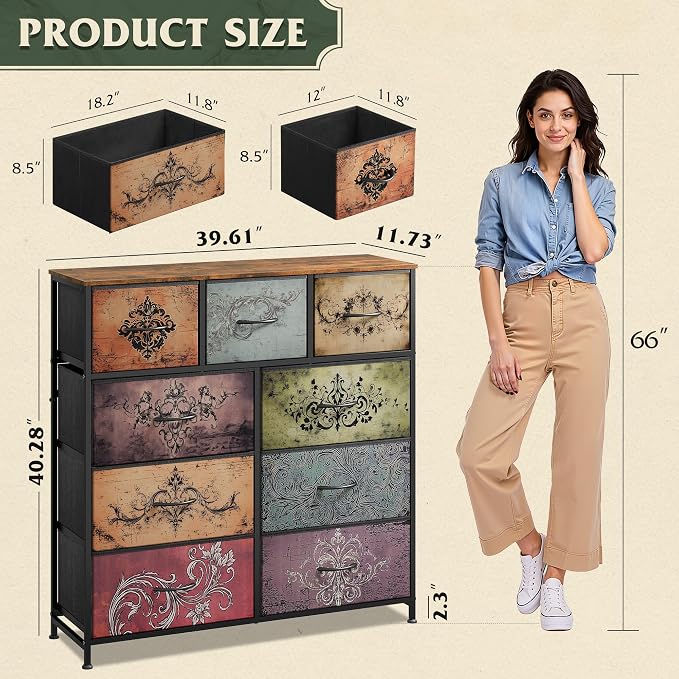 WLIVE 9 Drawer Dresser, Fabric Storage Tower for Bedroom, Hallway, Closet, Tall Chest Organizer Unit for Bedroom with Fabric Bins, Steel Frame, Wood Top, Easy Pull Handle, Pattern - Image 3