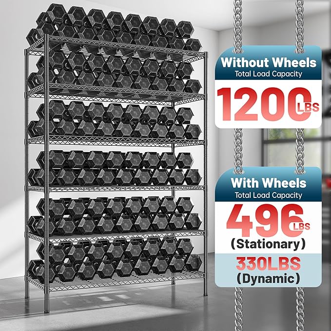 Romorgniz 82" H X45 W X18 D Storage Shelves with Wheels, 6 Tier Wire Shelving Adjustable Metal Shelving Pantry Shelves Capacity 1200LBS for Garage Shelving, Pantry, Kitchen, Closet,Black,3P - Image 5