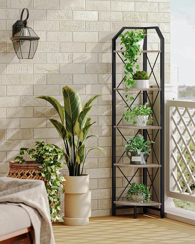 CHOEZON 5-Tier Corner Shelf, Industrial Corner Bookshelf, 59.4" Corner Storage Stand, Plant Stand Display Shelf, Corner Bookcase for Bedroom, Living Room, Home Office, Greige and Black TCJ10BG - Image 6