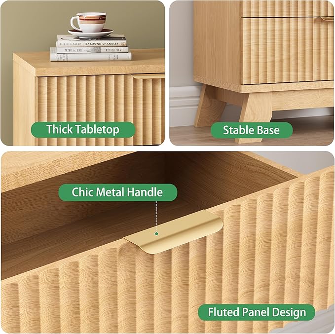 Fluted Dresser for Bedroom with 3 Drawers, 24" Wide Modern Chest of Drawers with Metal Handle, Wooden Dresser TV Stand, Wood Closet Clothes Storage Organizer for Living Room, Hallway, Natural Oak