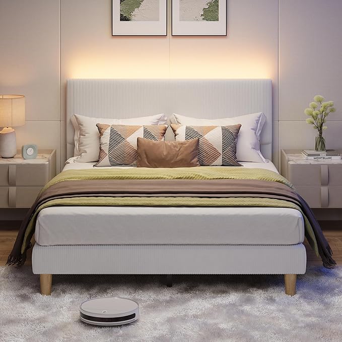 Bestier Queen Size Bed Frame with Headboard, LED Lighting, Vertical Channel Tufted Corduroy Upholstered, Solid Wooden Slat Support, No Box Spring Needed, Never Squeak, Easy Assembly, Light Grey