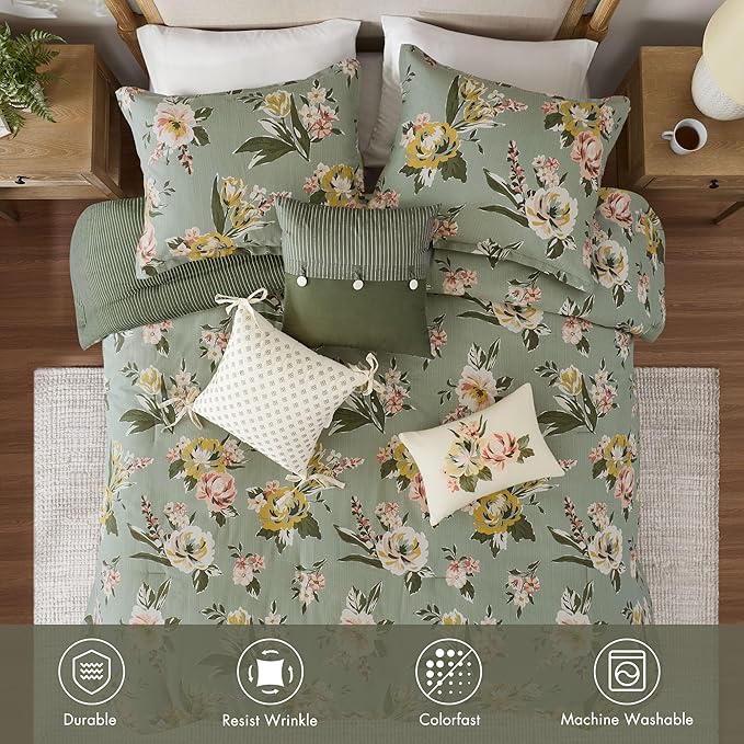 Madison Park Vintage Floral Reversible Comforters King Size Bed, All Season, Down Alternative Bedding Comforter, Bedskirt, Pillows, Shams, Salara, Cal King Green 7 Piece | Reversible