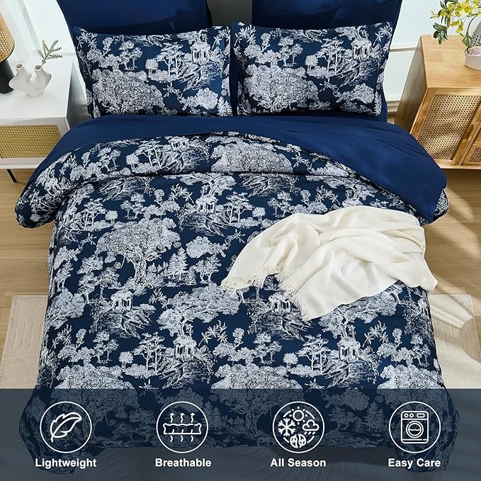 DJY King Size Comforter Sets, 7 Pieces Bed in a Bag King Dark Blue Botanical Comforter Set with Sheets, White Elegant Plants Print Soft Microfiber Reversible Complete Bedding Sets for All Season