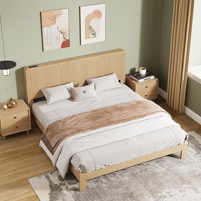 AVZEAR Fluted Headboard Queen Size, Modern Boho Queen Headboard Only, Wood Wall Mounted Headboard with 2 Outlets and USB & Type C Port, Curved Wooden Bed Headboards Bedroom Decor, Natural