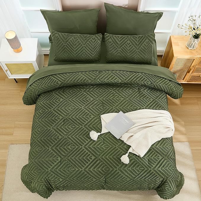 Andency Super King Comforter Set Olive Green - 7 Piece Oversized King Bed in a Bag Olive Green Bedding Sets, Boho Tufted Bed Set with Comforter, Sheets, Pillowcases & Shams