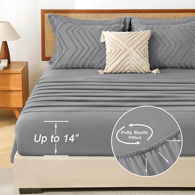 Litanika Queen Size Comforter Set with Sheets Medium Gray - 7 Pieces Bed in a Bag Queen Chevron Tufted Complete Bedding Sets with Comforter, Sheets, Pillowcases & Shams
