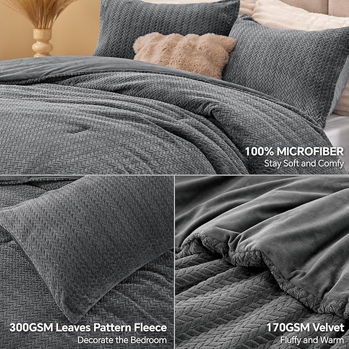 Flannel Fleece Comforter King Set - Furry Grey Leaves Pattern Faux Fur Bed Set, Winter Ultra Soft Fuzzy Comfort Set, Velvet Bedding Set for Bed with 2 Pillow Cases