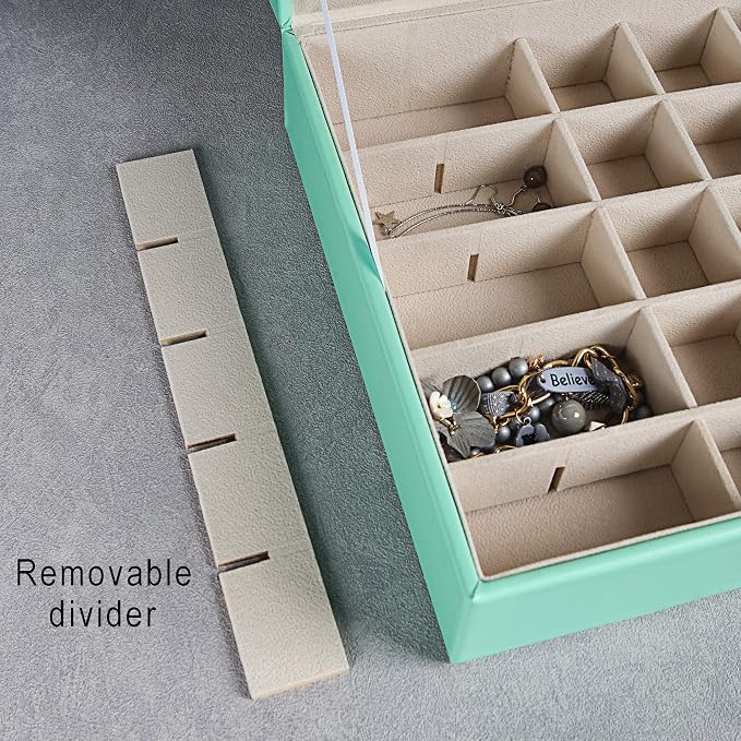 Frebeauty Earring Organizer Classic Jewelry Box 50 Slots Double Layer Jewelry Storage Case with 6 Necklace Hook and Bracelet Pocket(Turquoise) - Image 5