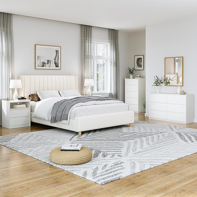 White Dresser for Bedroom, 54" Wide 6 Drawer Double Dresser, Modern Matte Wood Chest of Drawers with Anti-Tip Kit, Sturdy Storage Organizer for Closet, Living Room & Hallway, Handle-Free