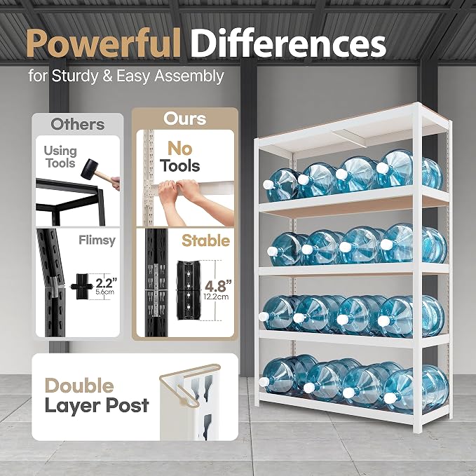 HOMEDANT House 48.1" W Deep 5 Tier Heavy Duty Garage Shelving Adjustable Metal Rack Storage Shelves Standing Shelf Unit Organizers Industrial Warehouse Basement White 2Pack - Image 6