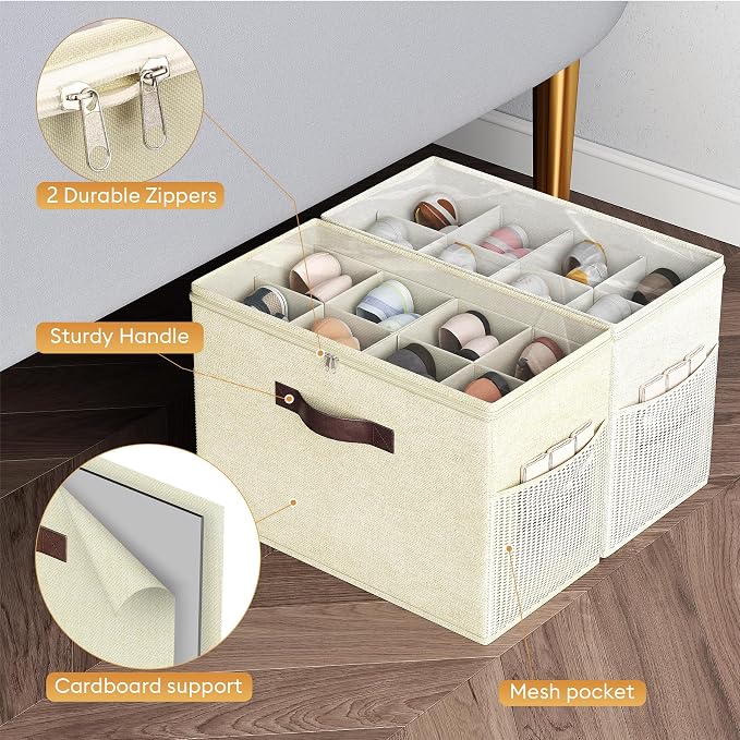Budding Joy 2 Pack Shoe Organizer for Closet, Clear Foldable Shoe Storage Containers Adjustable Dividers Fits 16 Pairs,Shoe Storage Bins Baskets Boxes with Reinforced Handles Beige Yellow Beige - Image 4