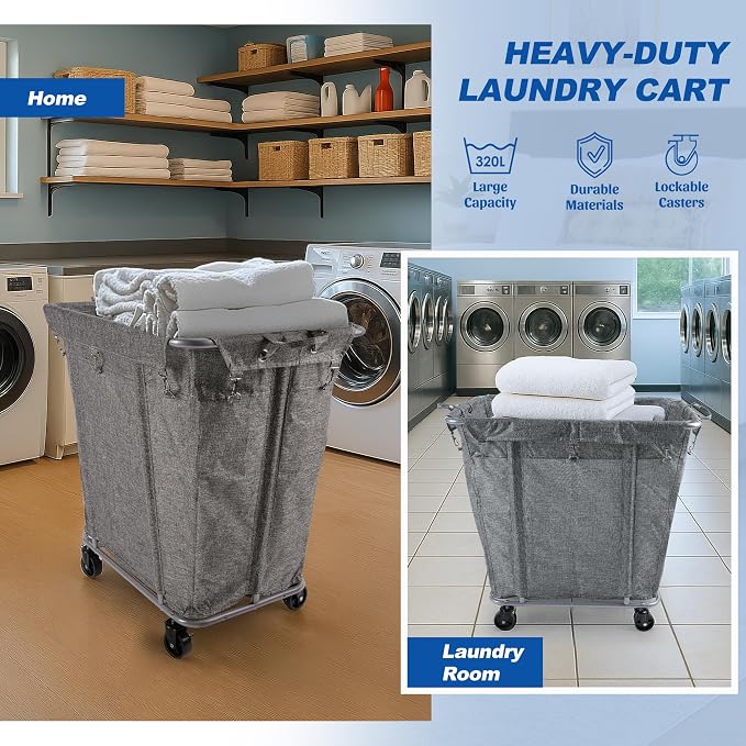 PLKOW Laundry Cart with Wheels 320L Large Rolling Laundry Cart for Commercial/Home, Rolling Laundry Basket with Steel Frame and Waterproof Lining, 9 Bushel, 32.3L x 19.7W x 30.7H Inch, Grey - Image 3