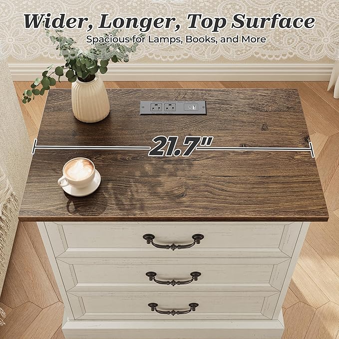 Huuger Nightstand with Charging Station, 3 Drawer Night Stand, 22 Inch Wider Side Table with Storage, Farmhouse Nightstand with Vintage Handles, Thicken Base, for Bedroom, Distressed White