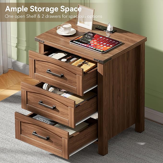 Decofy Farmhouse Nightstand Set of 2 with Charging Station, 18'' Wide Rustic End Table with USB/Type-C Ports, 3 Drawers, Wood Bedside Table for Bedroom, Walnut