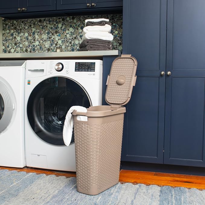Mind Reader Slim Laundry Hamper with Lid, 40L Clothes Basket, Narrow Tapered Design with Ventilated Cutout Pattern, Plastic, Tan - Image 2