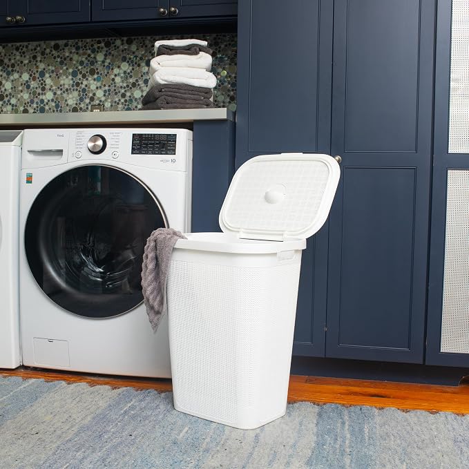 Mind Reader 60L Slim Laundry Hamper, Clothes Basket, Lid, Linen Design, Plastic, White - Image 2