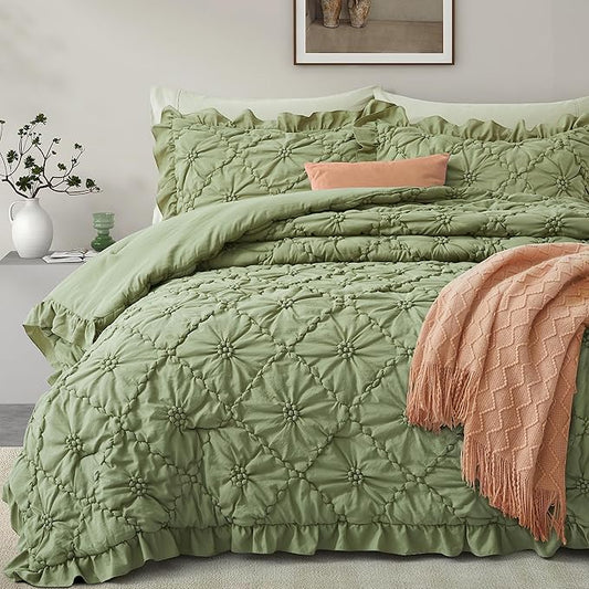 BEDAZZLED Twin Size Comforter Sets, Green Bedding Comforter Set, 2 Pieces Pinch Pleat Bedding Sets with Comforter and Pillowcases Soft Farmhouse Shabby Chic Comforter for All Season