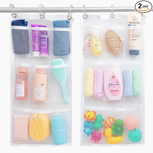 Handy Laundry Hanging Shower Organizer (2-Pack) - 9-Pocket - Mesh Caddy with Deep Storage Pockets for Organizing Bathroom Toiletries and Kids Bath Toys - Hang on Existing Shower Curtain Rings by Handy+Laundry