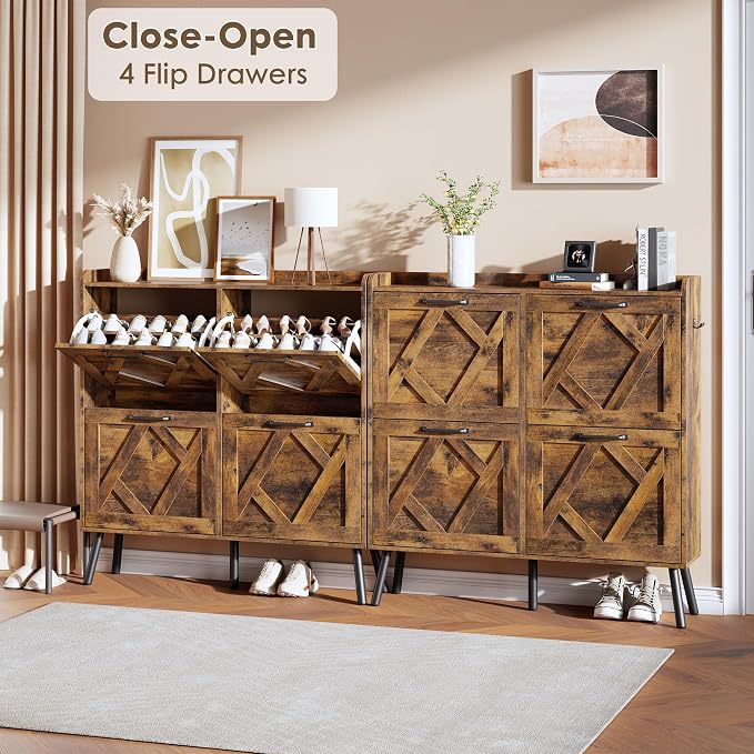 Nicetree Shoe Cabinet Storage for Entryway, Freestanding Shoe Storage Cabinet, Farmhouse Narrow Shoe Rack Cabinet for Entryway, Foyer, Hallway, Shoe Cabinet 4 Flip Drawers, Rustic Brown - Image 3