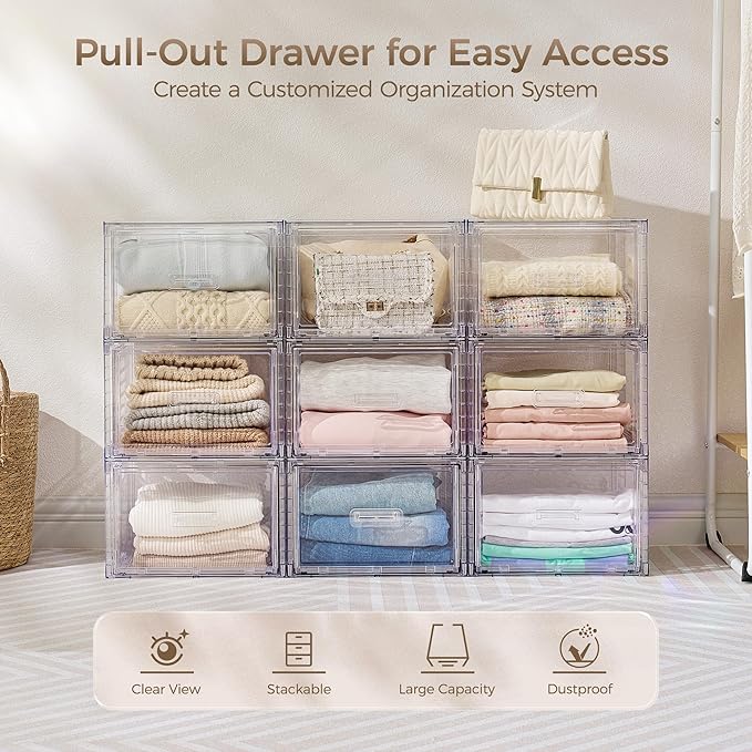 Vtopmart 9 Pack 18QT Clear Stackable Storage Drawers,Easily Assemble Closet Organizers,Plastic Storage Bins for Bathroom,Cabinet,Kitchen Pantry,Under Sink Organization(Medium) - Image 3
