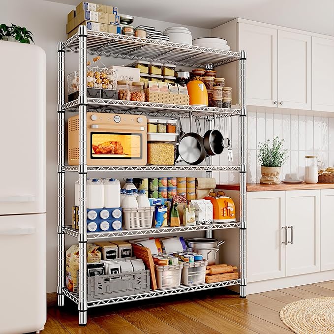 REIBII 5 Tier Metal Shelving Storage Shelves, 71''H Adjustable Wire Shelves Garage Shelving Unit for Kitchen, Pantry, Laundry Room, Warehouse, Office, 71H X 35.5W X 14D, Chrome by REIBII