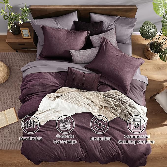Monbix Super King Comforter Set, Italian Plum Cationic Dyeing Bedding Set Reversible, Bed in a Bag 7 Pieces with Comforter, Sheets, Pillowcases & Shams