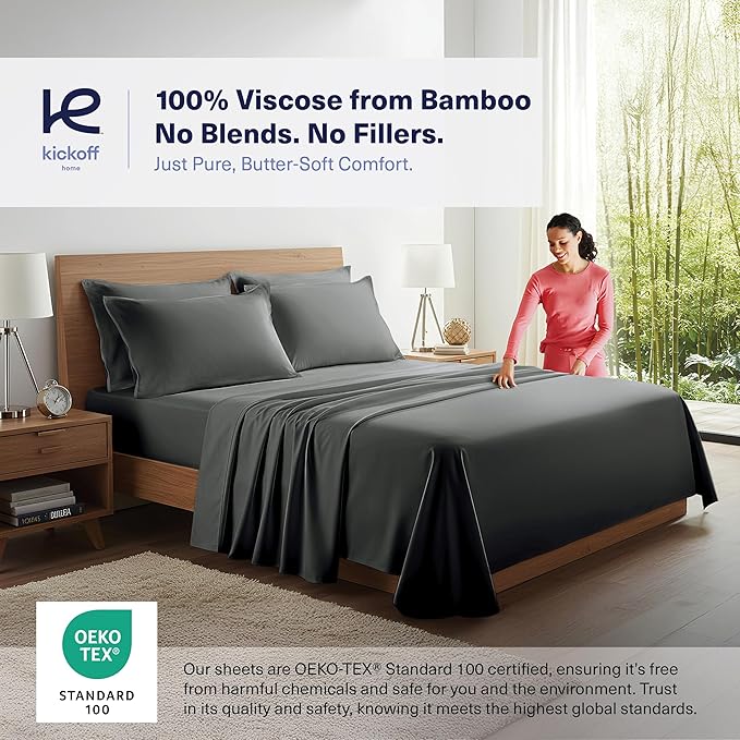 Kickoff Viscose Bamboo Sheets Short Queen Size 4-pc 100% Organic Bamboo Viscose Bed Cooling Sheets Short Queen Size Set Cool Bedding for hot Sleepers Sheet, Flat, Fitted, Pillowcases (Pewter, SQ)