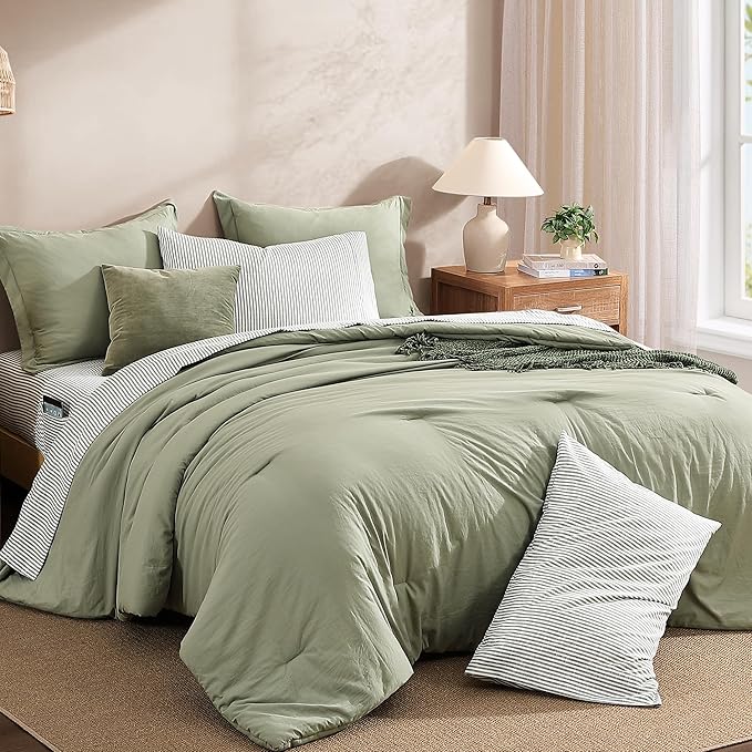Monbix Oversized King Size Comforter Set - 7 Pieces Green Prewashed Bed in a Bag Bedding Sets with Comforters, All Seasons Ultra Soft Comforter Bed Set with Sheets, Pillowcases & Shams