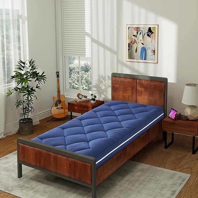 4Inch Twin Floor Mattress,3 Layer Structure Cot Mattress Topper,Gel Memory Foam Futon Mattress,Removable Thickened Cover,Portable Roll Up Sleep Pad (Blue, 75X38“)